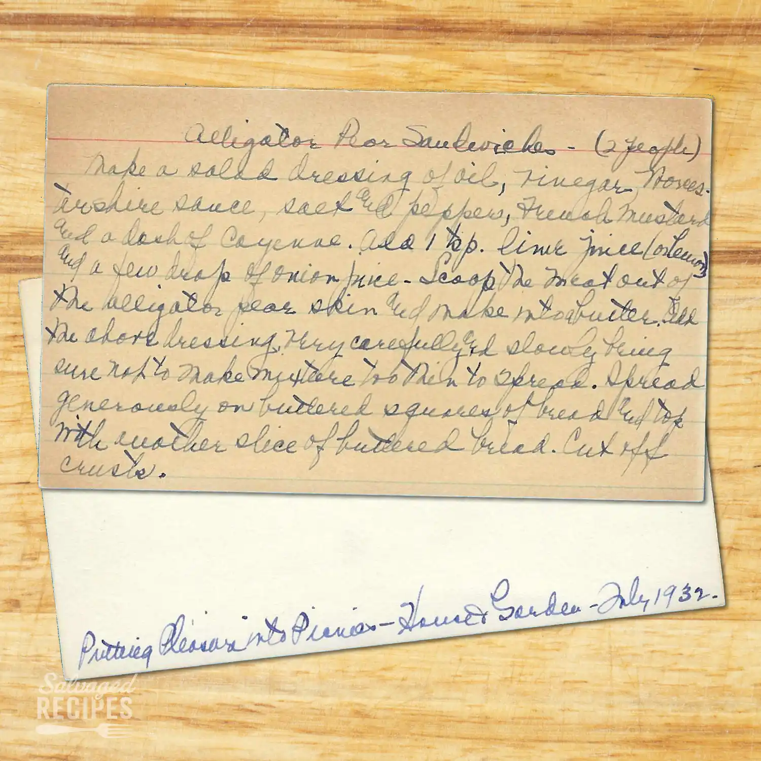 Handwritten recipe card for Alligator Pear Sandwiches