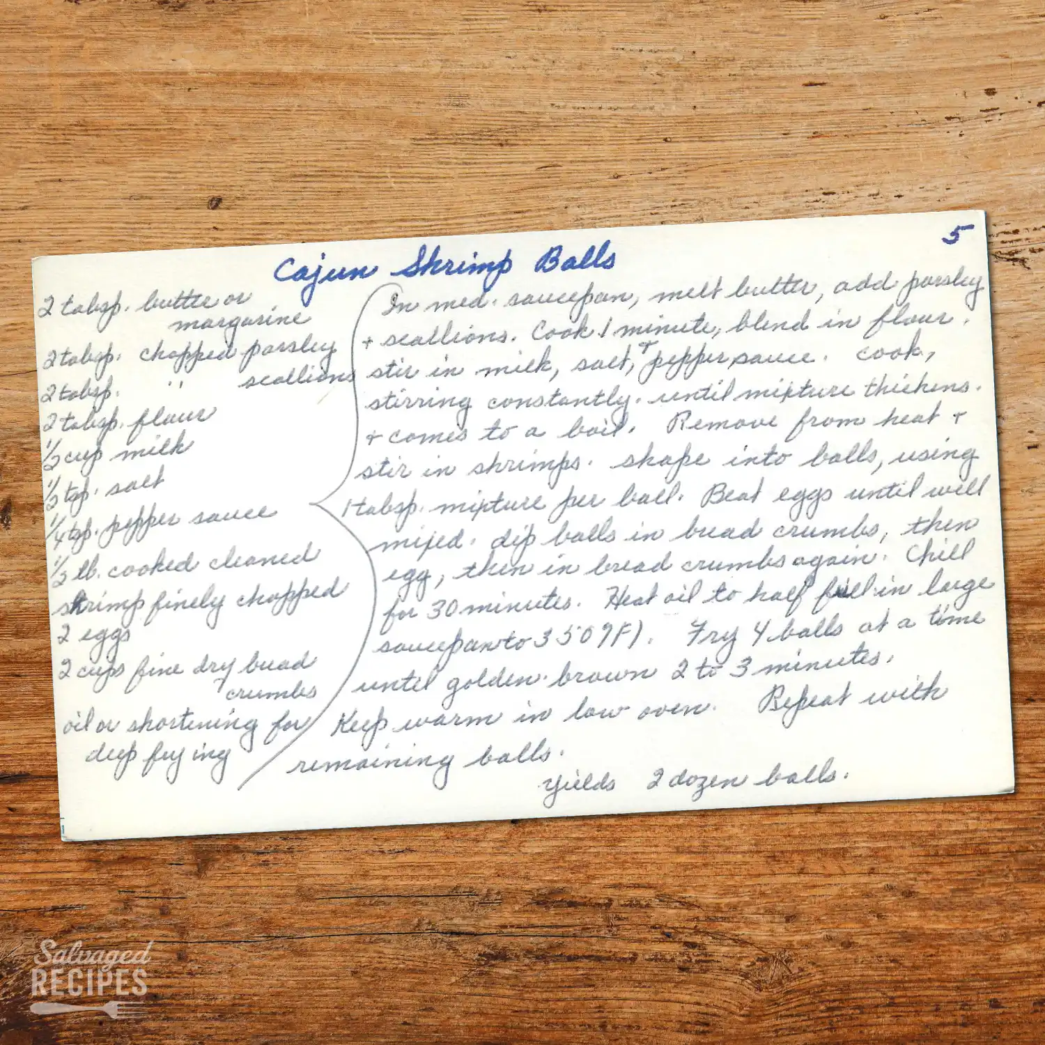 Handwritten recipe card for Cajun Shrimp Balls