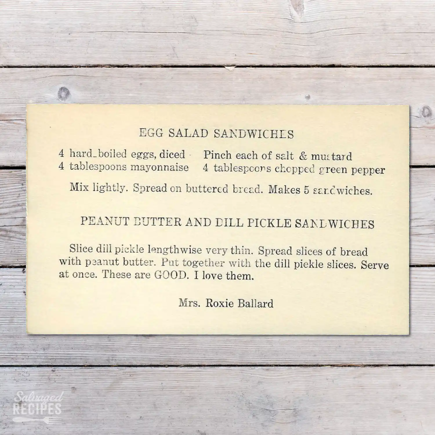 Typed recipe card for Egg Salad Sandwiches