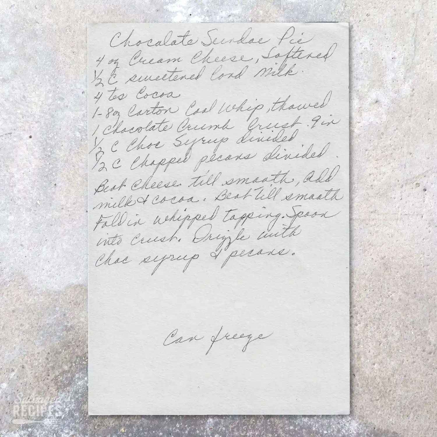 Handwritten recipe for Chocolate Sundae Pie