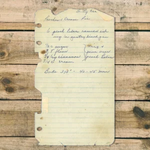 Handwritten recipe for Peaches Cream Pie