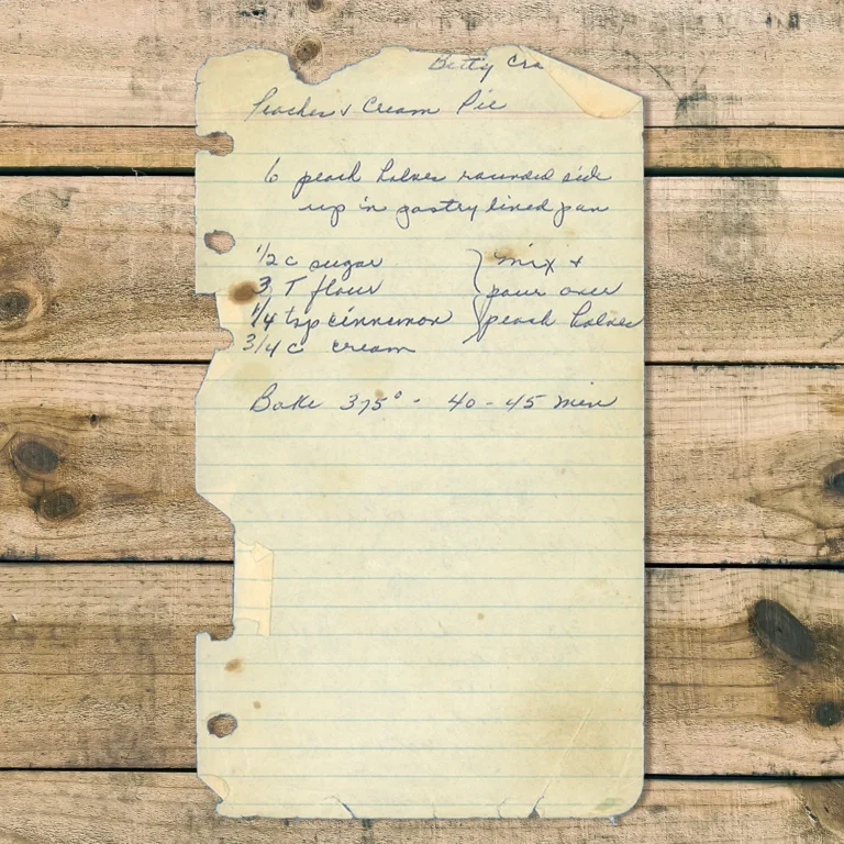 Handwritten recipe for Peaches Cream Pie