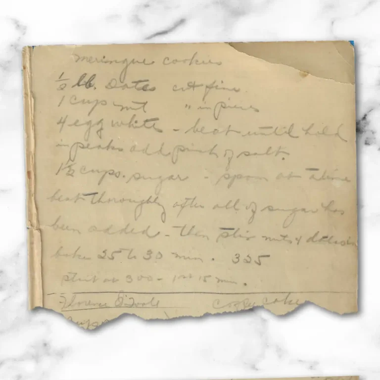 Handwritten recipe for Meringue Cookies