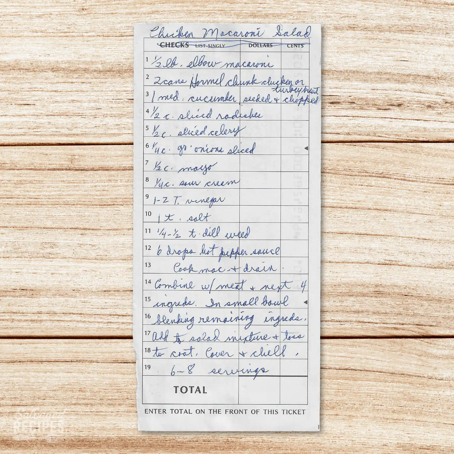 Handwritten recipe for Chicken Macaroni Salad