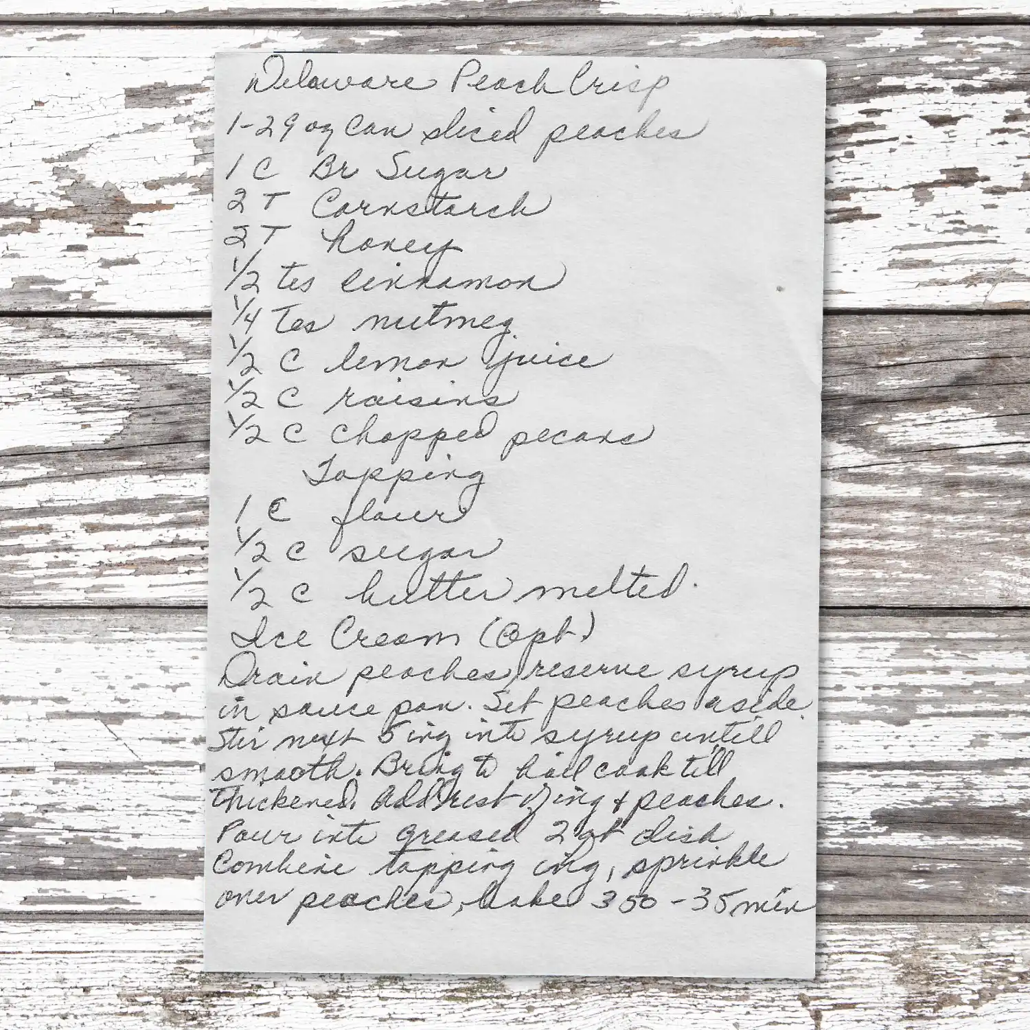 Handwritten recipe for Delaware Peach Crisp