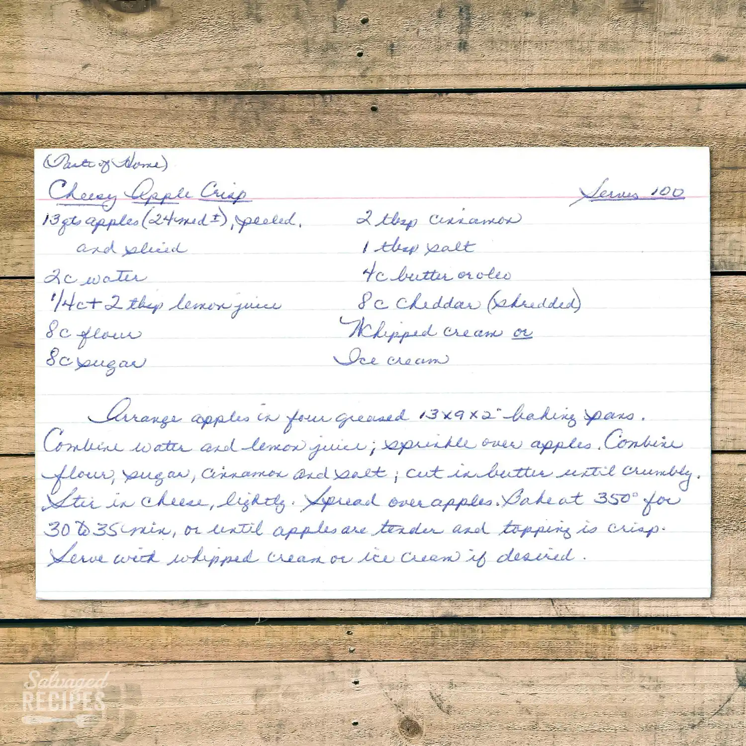 Handwritten recipe card for Cheesy Apple Crisp