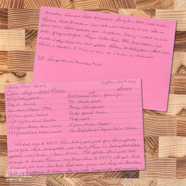HAndwritten recipe card for Chilli Stuffed Baked Potatoes