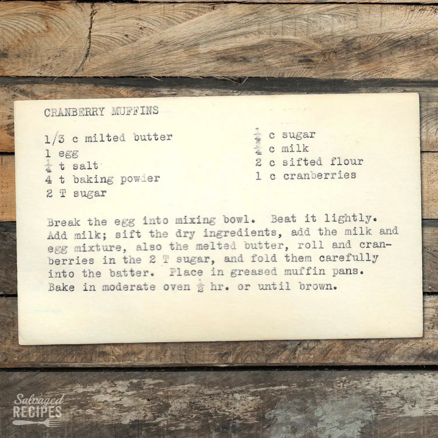 Typed recipe card for Cranberry Muffins
