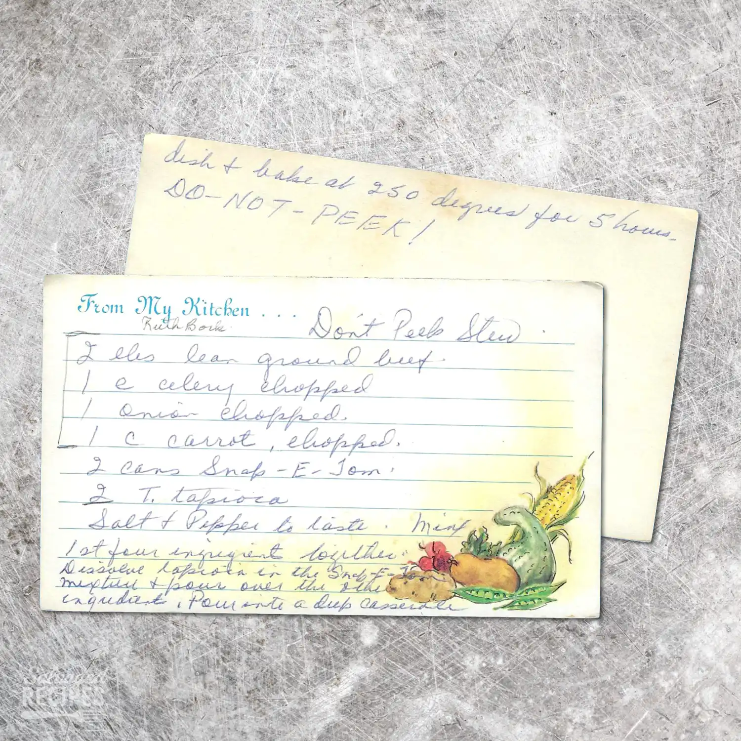 Handwritten recipe for Don't Peek Stew