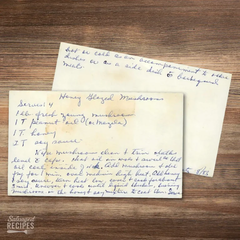 HAndwritten recipe card for Honey Glazed Mushrooms