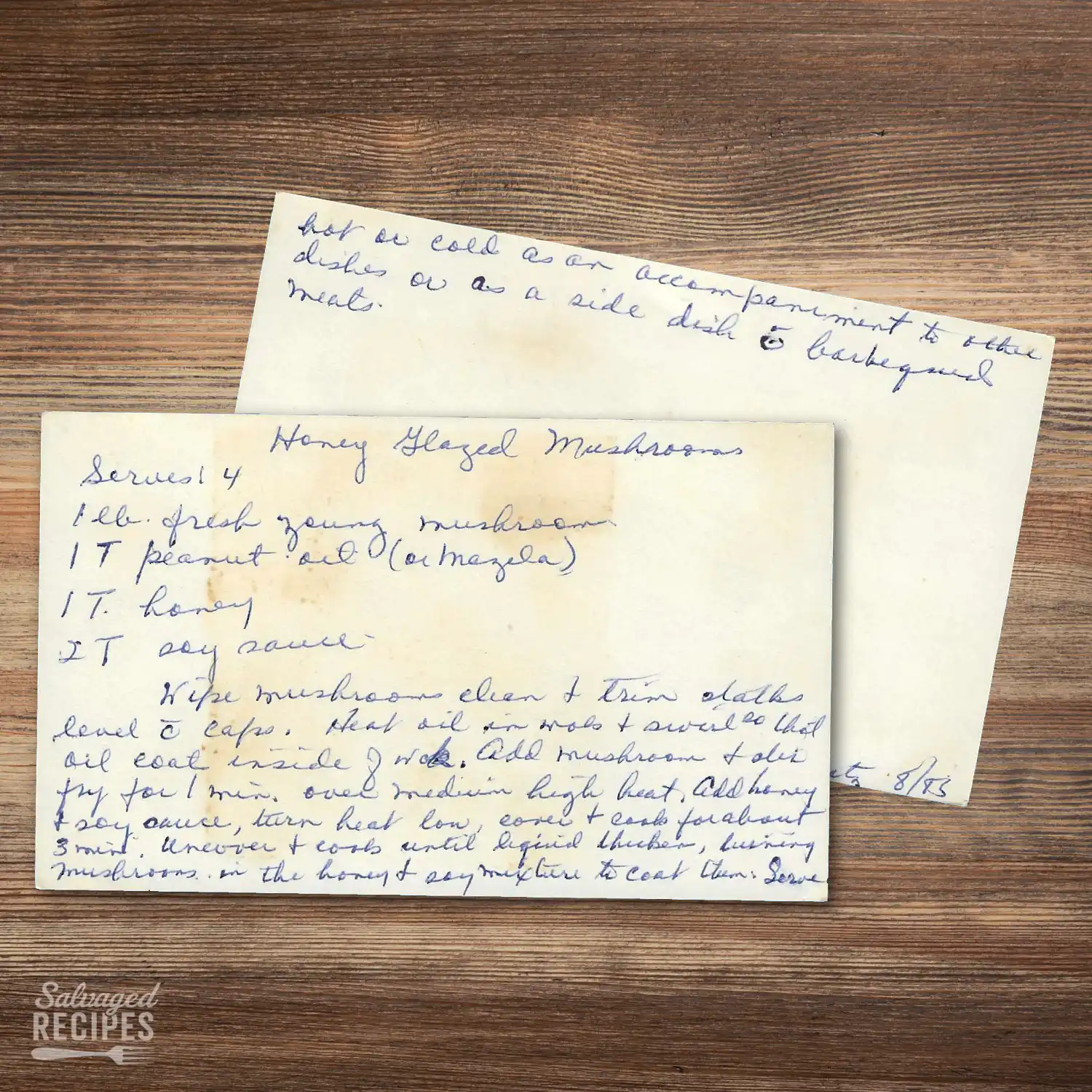 HAndwritten recipe card for Honey Glazed Mushrooms