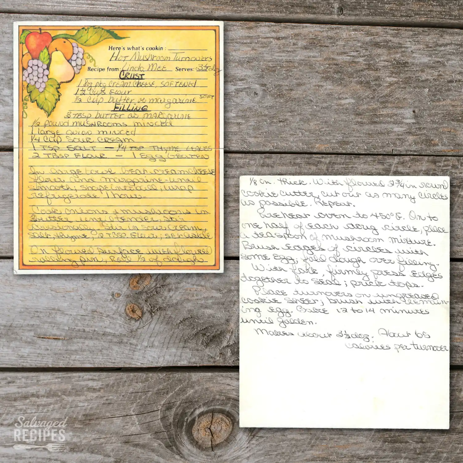 Handwritten recipe card for Hot Mushrooms Turnovers