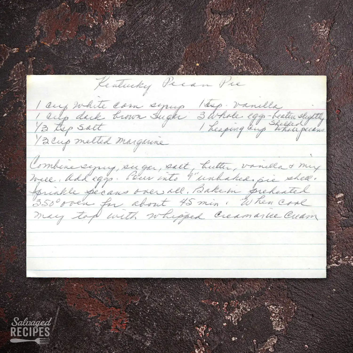 Handwritten recipe card for Kentucky Pecan Pie