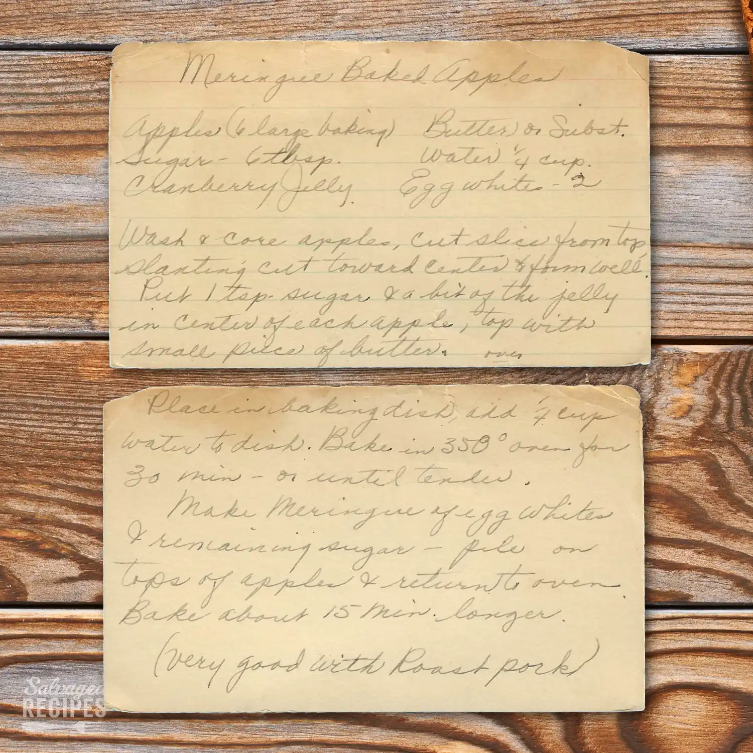 Handwritten recipe card for Meringue Baked Apples