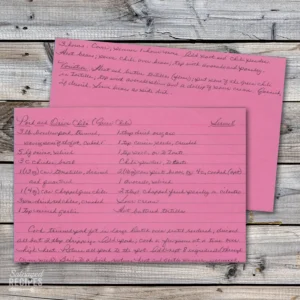 Handwritten recipe card for Pork & Onion Chili