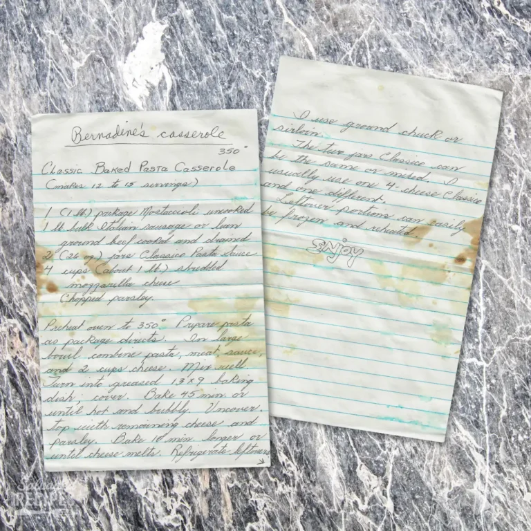 Handwritten recipe for Bernardines Baked Pasta Casserole