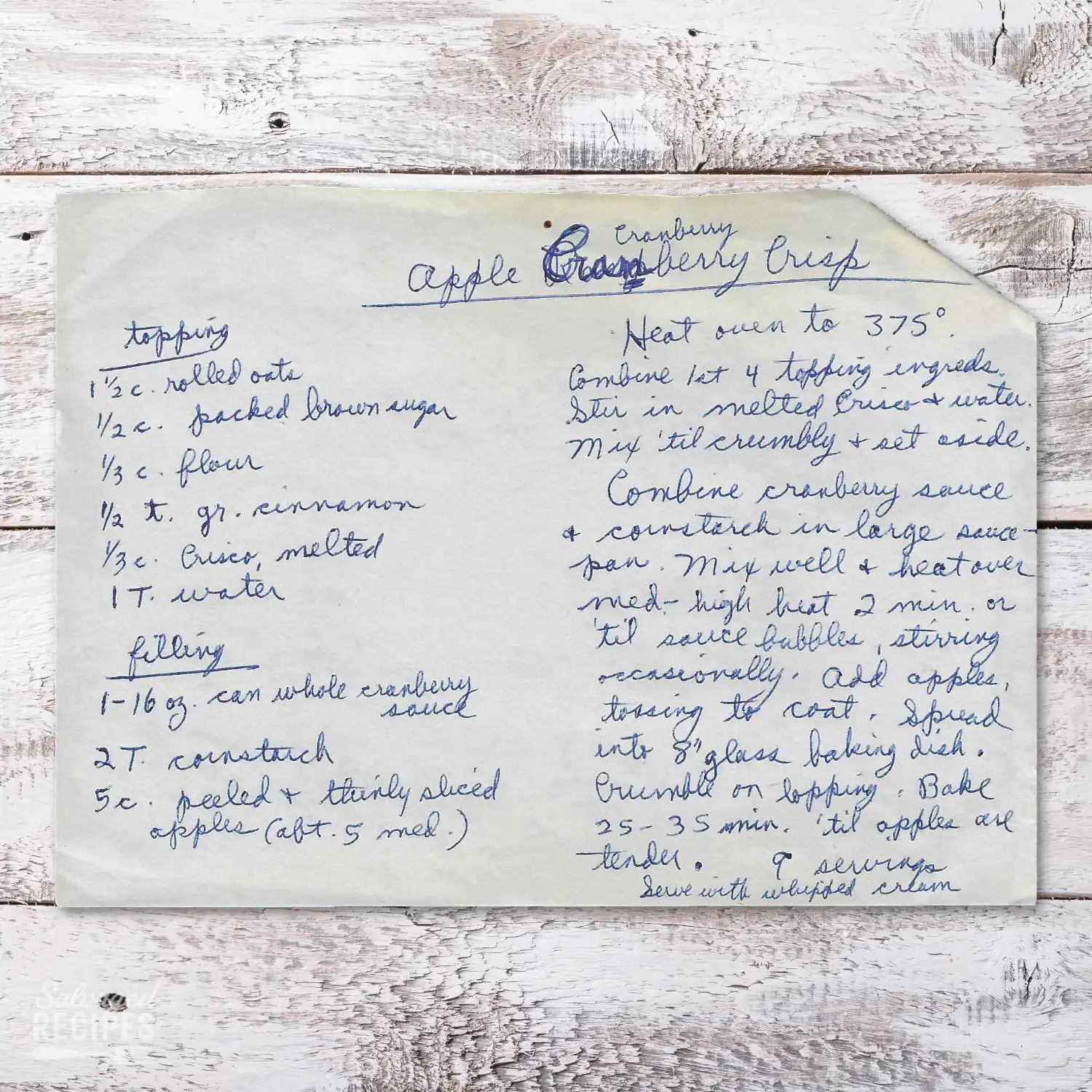Handwritten recipe for Apple-Cranberry Crisp