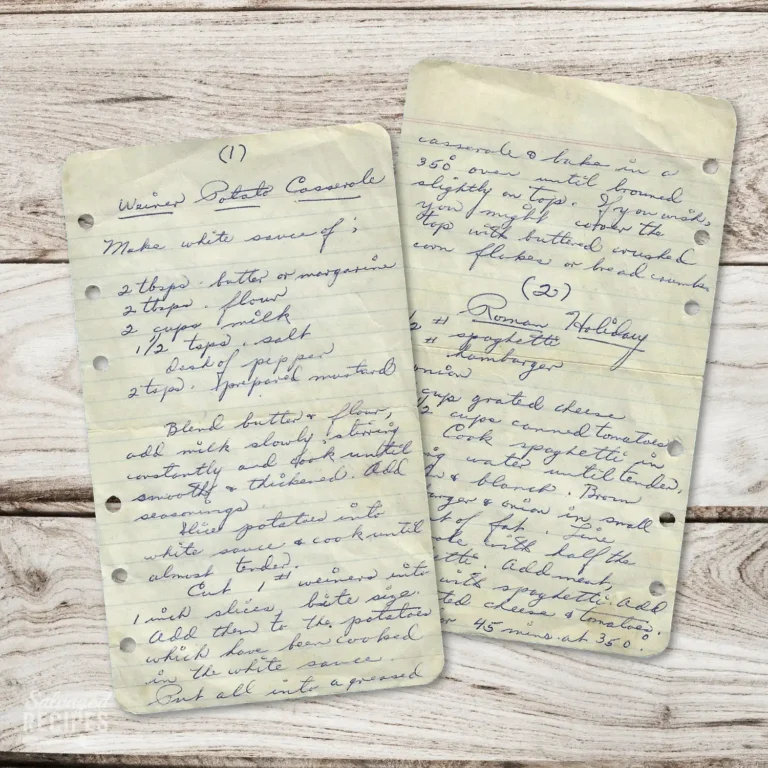 HAndwritten recipe for Weiner-Potato Casserole