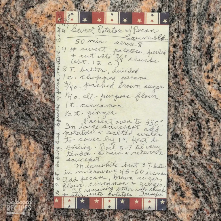 Handwritten recipe for Sweet Potatoes with Pecan Crumble