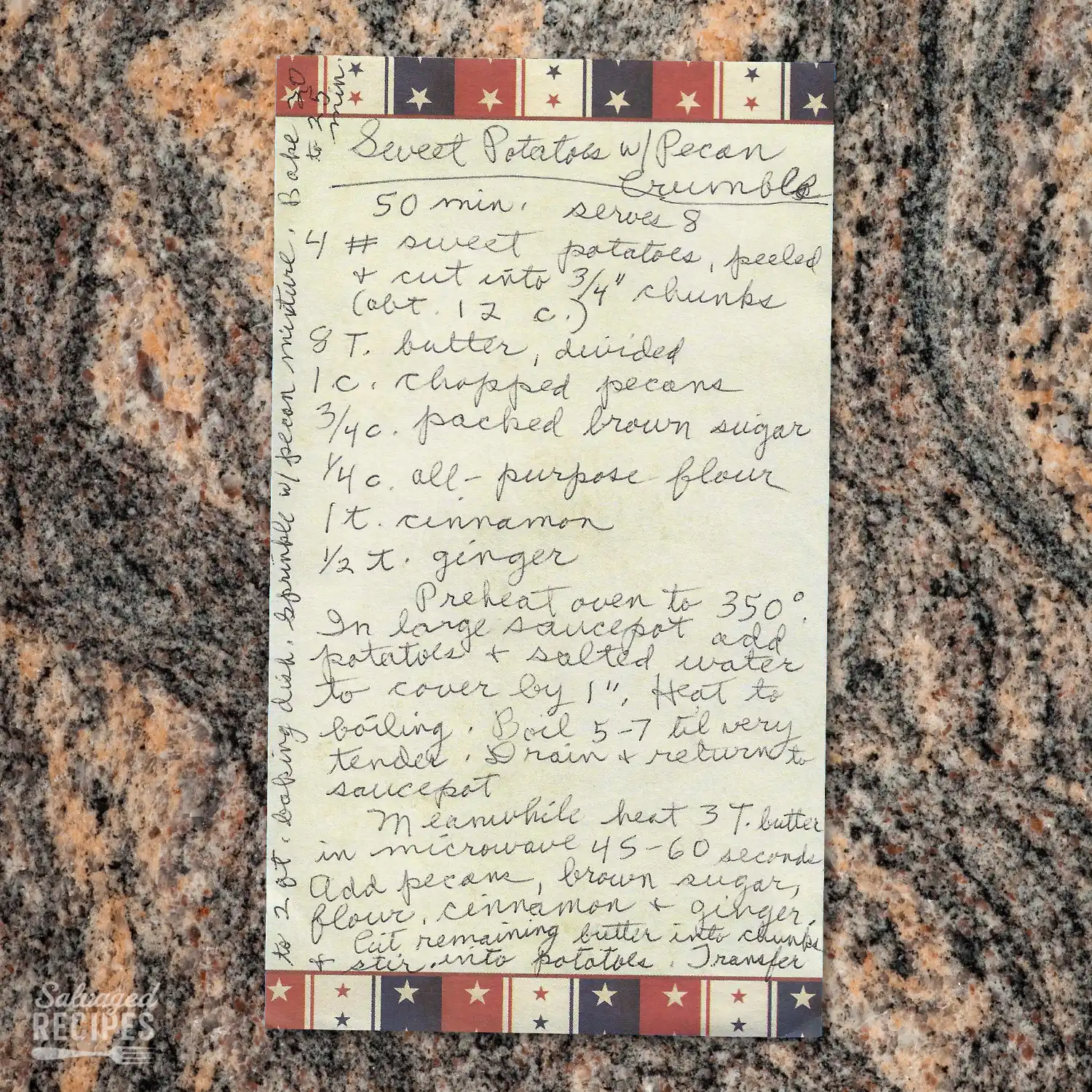 Handwritten recipe for Sweet Potatoes with Pecan Crumble