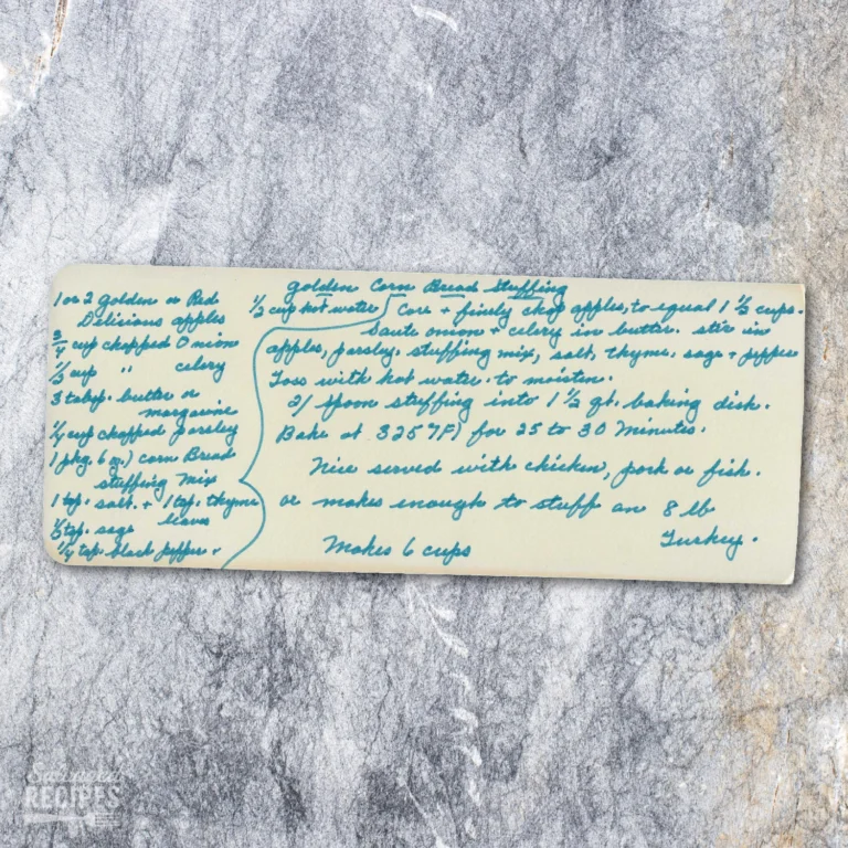 HAndwritten recipe for Golden Corn Bread Stuffing